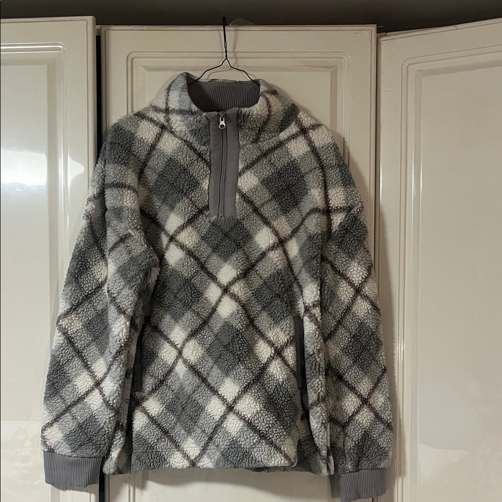 Maurices Gray and White Plaid Sherpa Pullover
